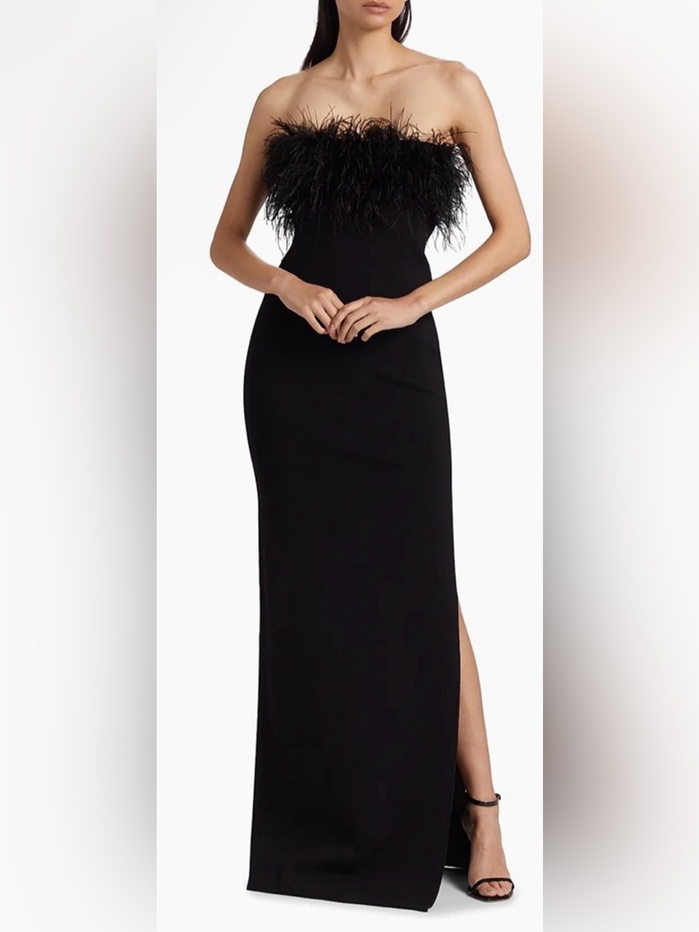 Monique Lhuillier Lisette Black Strapless Feather-Trim Gown